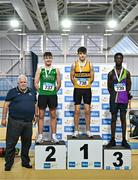 28 January 2024; Athletic's Ireland president John Cronin, far left, with boys u15 pentathlon medallists, Fionn Naughton of Leevale AC, Cork, gold, centre, Kyle Byrne-Ward of Newbridge AC, Kildare, silver, left, and Joseph Magbagbeola of Navan AC, Meath, bronze, right, during day two of 123.ie National Indoor Combined Events at the Sport Ireland National Indoor Arena in Dublin. Photo by Sam Barnes/Sportsfile