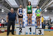28 January 2024; Athletic's Ireland president John Cronin, far left, with girls u14 pentathlon medallists, Nell O'Connell of Blarney/Inniscara AC, Cork, gold, centre, Ruby Cunnane of Corran AC, Sligo, silver, left, and Cara Gorman of Metro/St Brigids AC, Dublin, bronze, right, during day two of 123.ie National Indoor Combined Events at the Sport Ireland National Indoor Arena in Dublin. Photo by Sam Barnes/Sportsfile