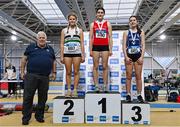 28 January 2024; Athletic's Ireland president John Cronin, far left, with U16 girls pentathlon medallists, Emer Purtill of Dooneen AC, Limerick, gold, centre, Elle - Kate Mc Rae of Midleton AC, Cork, silver, left, and Mila Clancy of Corran AC, Sligo, bronze, right, during day two of 123.ie National Indoor Combined Events at the Sport Ireland National Indoor Arena in Dublin. Photo by Sam Barnes/Sportsfile
