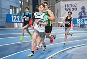 28 January 2024; J P Guerin of Midleton AC, Cork, competes in the 800m of the boys u15 pentathlon during day two of 123.ie National Indoor Combined Events at the Sport Ireland National Indoor Arena in Dublin. Photo by Sam Barnes/Sportsfile