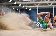 27 January 2024; Tadhg Stephenson-Wong of Cabinteely AC, Dublin, competes in the men's long jump during day one of the AAI Games & 123.ie National Indoor Combined Events at the National Indoor Arena in Dublin. Photo by Sam Barnes/Sportsfile