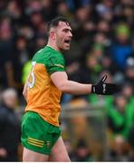 28 January 2024; Patrick McBrearty of Donegal after scoring his side's first goal during the Allianz Football League Division 2 match between Donegal and Cork at MacCumhaill Park in Ballybofey, Donegal. Photo by Ramsey Cardy/Sportsfile