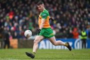 28 January 2024; Patrick McBrearty of Donegal kicks a free during the Allianz Football League Division 2 match between Donegal and Cork at MacCumhaill Park in Ballybofey, Donegal. Photo by Ramsey Cardy/Sportsfile