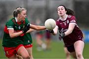 27 January 2024; Leanne Coen of Galway in action against Hannah Reape of Mayo during the Lidl LGFA National League Division 1 Round 2 match between Galway and Mayo at Duggan Park in Ballinasloe, Galway. Photo by Piaras Ó Mídheach/Sportsfile