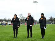 27 January 2024; The TG4 commentary team, from left, Máire Ní Bhraonáin, Maghnus Breathnach and Emer Gallagher at the Lidl LGFA National League Division 1 Round 2 match between Galway and Mayo at Duggan Park in Ballinasloe, Galway. Photo by Piaras Ó Mídheach/Sportsfile