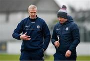 28 January 2024; Galway manager Henry Shefflin, left, and selector Kevin Lally during the Dioralyte Walsh Cup Final match between Wexford and Galway at Netwatch Cullen Park in Carlow. Photo by Seb Daly/Sportsfile