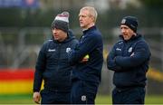 28 January 2024; Galway manager Henry Shefflin, centre, with selectors Kevin Lally, left, and Damian Joyce before the Dioralyte Walsh Cup Final match between Wexford and Galway at Netwatch Cullen Park in Carlow. Photo by Seb Daly/Sportsfile