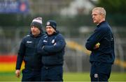 28 January 2024; Galway manager Henry Shefflin, right, with selectors Kevin Lally, left, and Damian Joyce before the Dioralyte Walsh Cup Final match between Wexford and Galway at Netwatch Cullen Park in Carlow. Photo by Seb Daly/Sportsfile