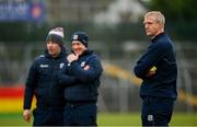 28 January 2024; Galway manager Henry Shefflin, right, with selectors Kevin Lally, left, and Damian Joyce before the Dioralyte Walsh Cup Final match between Wexford and Galway at Netwatch Cullen Park in Carlow. Photo by Seb Daly/Sportsfile