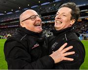 21 January 2024; Glen manager Malachy O'Rourke celebrates with his coach Ryan Porter, right, after their side's victory in the AIB GAA Football All-Ireland Senior Club Championship Final match between Glen of Derry and St Brigid's of Roscommon at Croke Park in Dublin. Photo by Piaras Ó Mídheach/Sportsfile
