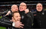 21 January 2024; Glen manager Malachy O'Rourke, second from right, celebrates with his backroom team members Pearse McCallan, left, Ryan Bradley, and Mickey McCullagh, right, after victory in the AIB GAA Football All-Ireland Senior Club Championship Final match between Glen of Derry and St Brigid's of Roscommon at Croke Park in Dublin. Photo by Piaras Ó Mídheach/Sportsfile