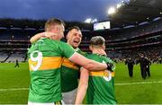 21 January 2024; Glen players, from left, Emmet Bradley, Connor Carville and Ryan Dougan celebrate after victory in the AIB GAA Football All-Ireland Senior Club Championship Final match between Glen of Derry and St Brigid's of Roscommon at Croke Park in Dublin. Photo by Piaras Ó Mídheach/Sportsfile