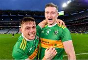 21 January 2024; Glen players Eunan Mulholland, left, and Emmet Bradley celebrate after their side's victory in the AIB GAA Football All-Ireland Senior Club Championship Final match between Glen of Derry and St Brigid's of Roscommon at Croke Park in Dublin. Photo by Piaras Ó Mídheach/Sportsfile