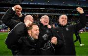 21 January 2024; Glen manager Malachy O'Rourke, second from right, celebrates with his backroom team members Ryan Bradley, front, Pearse McCallan and Mickey McCullagh, right, after victory in the AIB GAA Football All-Ireland Senior Club Championship Final match between Glen of Derry and St Brigid's of Roscommon at Croke Park in Dublin. Photo by Piaras Ó Mídheach/Sportsfile