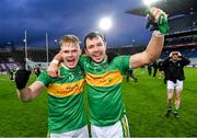 21 January 2024; Glen players Alex Doherty, left, and Michael Warnock celebrate after their side's victory in the AIB GAA Football All-Ireland Senior Club Championship Final match between Glen of Derry and St Brigid's of Roscommon at Croke Park in Dublin. Photo by Piaras Ó Mídheach/Sportsfile