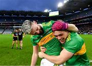 21 January 2024; Glen players Ryan Dougan, left, and Eunan Mulholland celebrate after their side's victory in the AIB GAA Football All-Ireland Senior Club Championship Final match between Glen of Derry and St Brigid's of Roscommon at Croke Park in Dublin. Photo by Piaras Ó Mídheach/Sportsfile