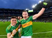 21 January 2024; Glen players Eunan Mulholland, left, and Emmet Bradley celebrate after their side's victory in the AIB GAA Football All-Ireland Senior Club Championship Final match between Glen of Derry and St Brigid's of Roscommon at Croke Park in Dublin. Photo by Piaras Ó Mídheach/Sportsfile