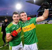 21 January 2024; Glen players Danny Tallon, left, and Ciarán McFaul celebrate after their side's victory in the AIB GAA Football All-Ireland Senior Club Championship Final match between Glen of Derry and St Brigid's of Roscommon at Croke Park in Dublin. Photo by Piaras Ó Mídheach/Sportsfile
