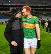 21 January 2024; Conor Glass of Glen celebrates with Glen chairman Barry Slowey after their side's victory in the AIB GAA Football All-Ireland Senior Club Championship Final match between Glen of Derry and St Brigid's of Roscommon at Croke Park in Dublin. Photo by Piaras Ó Mídheach/Sportsfile