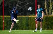 29 January 2024; Sam Prendergast, right, watches assistant coach Mike Catt during an Ireland Rugby squad training session at The Campus in Quinta da Lago, Portugal. Photo by Brendan Moran/Sportsfile