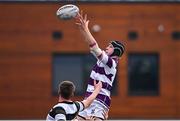 28 January 2024; Sascha Byrne of Clongowes Wood College wins possession in a line-out during the Bank of Ireland Leinster Schools Senior Cup First Round match between Clongowes Wood College and Belvedere College at Energia Park in Dublin. Photo by Tyler Miller/Sportsfile
