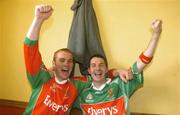 18 July 2004; Mayo goalkeeper Fintan Ruddy, left, and Peadar Gardiner celebrate in the dressing room after victory over Roscommon. Bank of Ireland Connacht Senior Football Championship Final, Mayo v Roscommon, McHale Park, Castlebar, Co. Mayo. Picture credit; Damien Eagers / SPORTSFILE