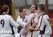 18 July 2004; John Lester, Drogheda United, second from right, celebrates with team-mates Declan O'Brien (9), Barry Molloy and Gavin Whelan (7), after scoring his sides first goal. eircom league, Premier Division, Shelbourne v Drogheda United, Tolka Park, Dublin. Picture credit; Brian Lawless / SPORTSFILE