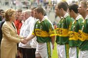 11 July 2004; President Mary McAleese is greeted by Kerry captain Dara O'Cinneide. Bank of Ireland Munster Senior Football Championship Final, Limerick v Kerry, Gaelic Grounds, Limerick. Picture credit; Brendan Moran / SPORTSFILE