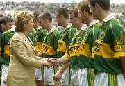 11 July 2004; President Mary McAleese is introduced to Kerry's William Kirby. Bank of Ireland Munster Senior Football Championship Final, Limerick v Kerry, Gaelic Grounds, Limerick. Picture credit; Brendan Moran / SPORTSFILE