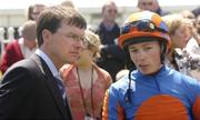 26 June 2004; Aidan O'Brien, Trainer, and Jamie Spencer, Jockey pictured after winning the Netjets (2yo) Maiden with Rowan Tree. Curragh Racecourse, Co. Kildare. Picture credit; Matt Browne / SPORTSFILE