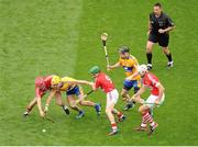 8 September 2013; Lorcán McLoughlin, left, Daniel Kearney, and Pa Cronin, right Cork, in action against Colm Galvin, left, and Patrick Donnellan, Clare, just after referee Brian Gavin threw the ball in. GAA Hurling All-Ireland Senior Championship Final, Cork v Clare, Croke Park, Dublin. Picture credit: Dáire Brennan / SPORTSFILE
