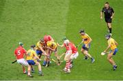 8 September 2013; Cork players, left to right, Brian Murphy, Lorcán McLoughlin, Daniel Kearney, and Pa Cronin, Cork, in action against Clare players, left to right, Tony Kelly, John Conlon, Colm Galvin, Patrick Donnellan and Brendan Bugler, just after referee Brian Gavin threw the ball in. GAA Hurling All-Ireland Senior Championship Final, Cork v Clare, Croke Park, Dublin. Picture credit: Dáire Brennan / SPORTSFILE