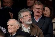 8 September 2013; Sinn Féin President Gerry Adams, centre, former Taoiseach Liam Cosgrave, left, and former Kerry footballer Tony O'Keeffe, right, ahead of the game. GAA Hurling All-Ireland Senior Championship Final, Cork v Clare, Croke Park, Dublin. Picture credit: Stephen McCarthy / SPORTSFILE