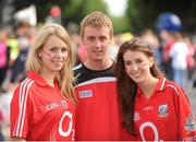 8 September 2013; Cork supporters Claire Conden, left, Fergal McCarthy and Catherine Conden, from Ballinascarthy, Co. Cork, ahead of the GAA Hurling All-Ireland Championship Finals, Croke Park, Dublin. Picture credit: Dáire Brennan / SPORTSFILE