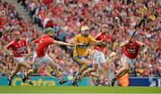 8 September 2013; Conor McGrath, Clare, in action against Cork players, from left, Lorcán McLoughlin, Brian Murphy, Stephen McDonnell and Conor O'Sullivan. GAA Hurling All-Ireland Senior Championship Final, Cork v Clare, Croke Park, Dublin. Picture credit: Brendan Moran / SPORTSFILE