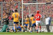 8 September 2013; The sliothar is deflected off Colin Ryan, Clare, from a penalty by Cork goalkeeper Anthony Nash. GAA Hurling All-Ireland Senior Championship Final, Cork v Clare, Croke Park, Dublin. Picture credit: Brendan Moran / SPORTSFILE