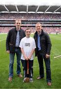 8 September 2013; Declan Kelly, age 15, from Kiltha Og GAA Club, Cork, with Tipperay hurler Lar Corbett and former Galway hurler Ollie Canning after winning the GAA/GPA Freestyle Hurling competition. GAA Hurling All-Ireland Senior Championship Final, Cork v Clare, Croke Park, Dublin. Picture credit: Stephen McCarthy / SPORTSFILE