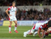 6 September 2013; Ulster's Andrew Trimble keeps an eye on the scrum. Celtic League 2013/14, Round 1, Newport Gwent Dragons v Ulster, Rodney Parade, Wales. Picture credit: Steve Pope / SPORTSFILE