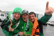 9 September 2013; Republic of Ireland supporters, from left, Davy Keogh, from Cabra, Co. Dublin, George Downer, from Ballybrack, Co. Dublin, and Ewan Traynor, from Monaghan Town, after arriving at Vienna Airport ahead of their side's 2014 FIFA World Cup Qualifier Group C game against Austria on Tuesday. Vienna, Austria. Picture credit: David Maher / SPORTSFILE