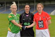 7 September 2013; Team captains Bernie Breen, Kerry, and Ann Marie Walsh, Cork, shake hands, in the company of referee Maggie Farrelly, before the game. TG4 All-Ireland Ladies Football Senior Championship, Semi-Final, Cork v Kerry, Semple Stadium, Thurles, Co. Tipperary. Picture credit: Brendan Moran / SPORTSFILE