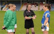 7 September 2013; Referee MJ O'Keeffe makes the coin toss between Fermanagh captains Marcella Connolly, left, and Tara Little, and Tipperary captain Anne O'Dwyer. TG4 All-Ireland Ladies Football Intermediate Championship, Semi-Final, Fermanagh v Tipperary, Semple Stadium, Thurles, Co. Tipperary. Picture credit: Brendan Moran / SPORTSFILE