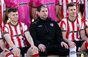 29 January 2024; Vice-captain Cameron McJannet, left, manager Ruaidhrí Higgins, centre, and captain Patrick McEleney during a team photograph at The Ryan McBride Brandywell Stadium in Derry. Photo by Ramsey Cardy/Sportsfile