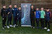 30 January 2024; In attendance are players from SETU Carlow, from left, Callum Thompson of Bray Wanderers, Oisin Hand of Longford Town, Dragon Mamaliga of Bluebell United, Jack O'Riley of St Francis's, Alex Moody of Wexford FC, Anthony Dolan of Crumlin, Sean McManus of St Francis's and Thomas Considine of Treaty United at a media event at FAI Headquarters in Dublin to promote the Sports Coaching and Business Management course ahead of the CAO deadline on February 1. Photo by David Fitzgerald/Sportsfile