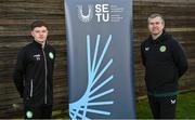 30 January 2024; In attendance is Course Assistant Luke Hardy with Bray Wanderers and SETU Carlow player Callum Thompson at a media event at FAI Headquarters in Dublin to promote the Sports Coaching and Business Management course ahead of the CAO deadline on February 1. Photo by David Fitzgerald/Sportsfile