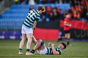 30 January 2024; Henry Doyle of St Gerard's School, left, assists teammate Oscar Cobbe with a cramp during the Bank of Ireland Leinster Schools Senior Cup first round match between CBC Monkstown and St Gerard's School at Energia Park in Dublin. Photo by Ben McShane/Sportsfile