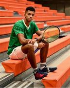 31 January 2024; Michael Agwi poses for a portrait after an Ireland Tennis squad training session at the UL Sport Arena in Limerick, ahead of Ireland's Davis Cup World Group One play-off first round match with Austria.  Photo by Piaras Ó Mídheach/Sportsfile