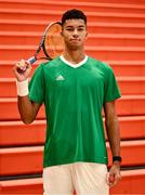 31 January 2024; Michael Agwi poses for a portrait after an Ireland Tennis squad training session at the UL Sport Arena in Limerick, ahead of Ireland's Davis Cup World Group One play-off first round match with Austria.  Photo by Piaras Ó Mídheach/Sportsfile