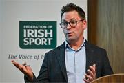 2 February 2024; Matt McKerrow, Associate Consultant at 2into3, speaking in a panel discussion during the Federation of Irish Sport Annual Leaders Forum 2024 at the Sport Ireland Campus Conference Centre in Dublin. Photo by Sam Barnes/Sportsfile