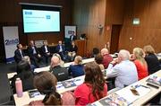 2 February 2024;  John Feehan, Chief Executive of Basketball Ireland, second from left, speaking in a panel discussion, alongside, from left, James O'Callaghan, Performance Director at Irish Sailing, Rob Foley, Director of Fundraising at 2into3, Dennis O'Connor, Chief Executive Officer at 2into3 and Patricia Keenan, Director of Grants at 2into3, during the Federation of Irish Sport Annual Leaders Forum 2024 at the Sport Ireland Campus Conference Centre in Dublin. Photo by Sam Barnes/Sportsfile