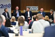 2 February 2024; John Feehan, Chief Executive of Basketball Ireland, second from left, speaking in a panel discussion, alongside, from left, James O'Callaghan, Performance Director at Irish Sailing, Rob Foley, Director of Fundraising at 2into3, Dennis O'Connor, Chief Executive Officer at 2into3 and Patricia Keenan, Director of Grants at 2into3, during the Federation of Irish Sport Annual Leaders Forum 2024 at the Sport Ireland Campus Conference Centre in Dublin. Photo by Sam Barnes/Sportsfile